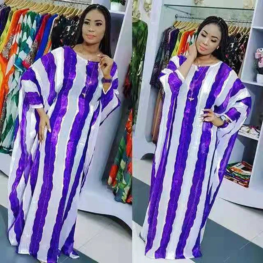 Buy Women's African Bazin Sleeve Dress – Spring Striped Loose Elegant Boubou Robe for only $26.29 at Flexi Africa!