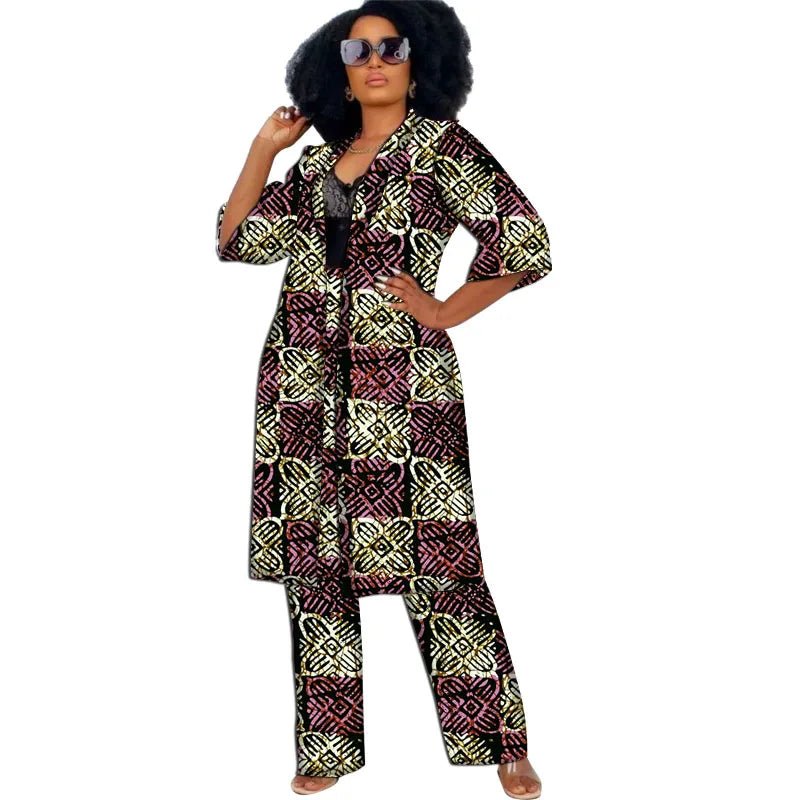 Women’s African Couture Trench Set – Collarless 3/4 Sleeve Print Windbreaker Cardigan with Pants - Free Delivery Worldwide only at Flexi Africa