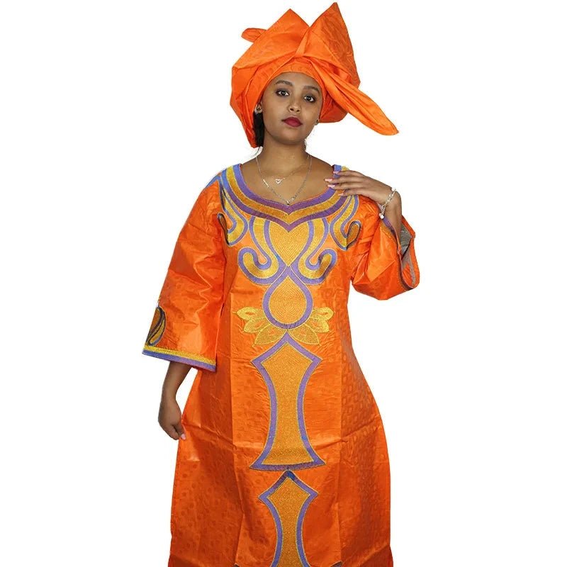 Women's African Fashion Set – Bazin Riche Embroidered Long Dress - Free Delivery Worldwide only at Flexi Africa