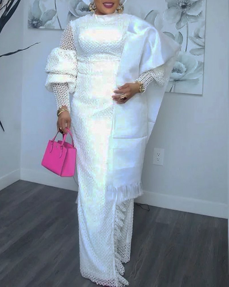 Women's African Maxi Dress in White - Long Sleeve, Plus Size - Flexi Africa - Free Delivery Worldwide at www.flexiafrica.com