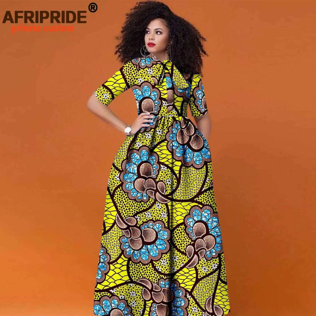 Women’s African Print Maxi Dress – Traditional High Waist Ankara Half Sleeve Attire - Free Delivery Worldwide only at Flexi Africa