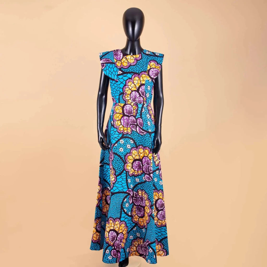 Women’s Ankara Dashiki Print Floor - Length A - Line Dress - Free Delivery Worldwide only at Flexi Africa