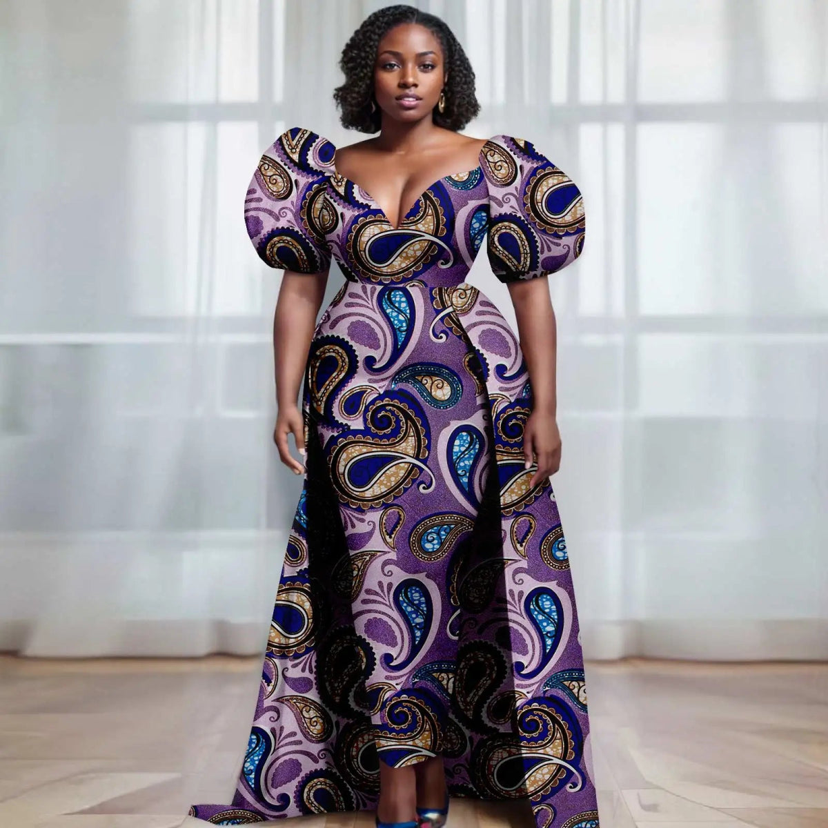 Women’s Ankara V - Neck Dress – Bubble Sleeve African Print with Layered Back Hem - Free Delivery Worldwide only at Flexi Africa