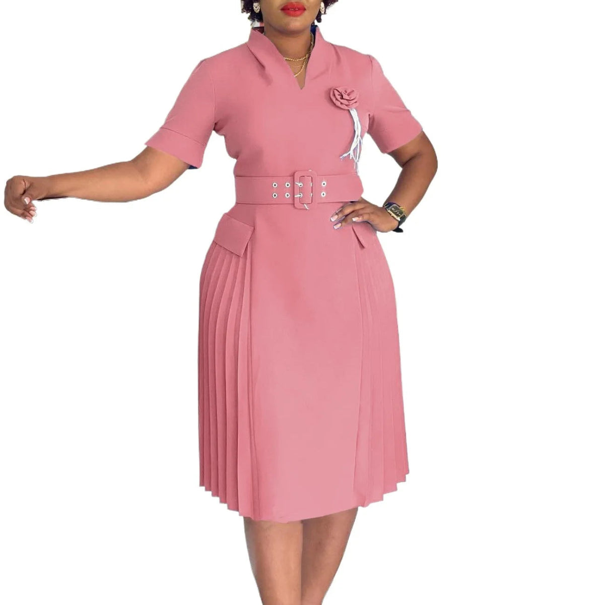 Women’s Elegant V - Neck African Dress – Short Sleeve, Belted Pleated Waist & 3D Floral Accents - Free Delivery Worldwide only at Flexi Africa