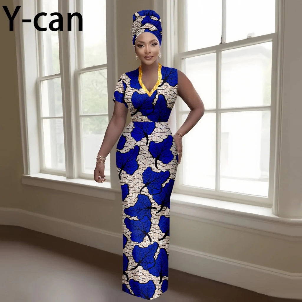 Women’s Luxury Dashiki Ankara Maxi Dress with Headwrap - Free Delivery Worldwide only at Flexi Africa